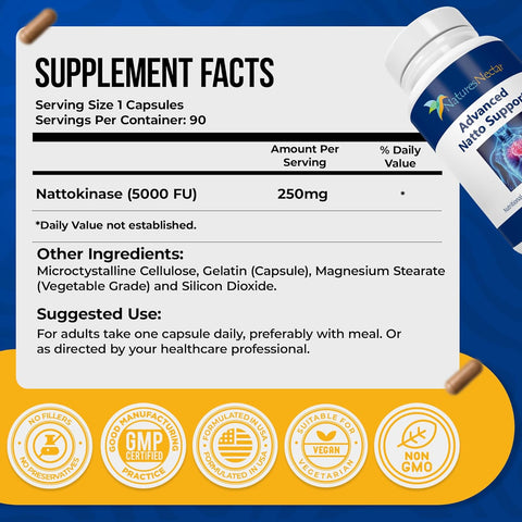 Image of Nature's Nectar Organic Nattokinase supplement 250mg – Double Strength Nattokinase 5000 fu Natural Blood Thinner Supports Cardiovascular & Blood Circulation Health – Non GMO & Gluten Free, 90 Capsules