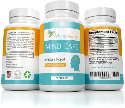 Image of Migraine Relief Supplement - PA Free Butterbur Root, Riboflavin, Magnesium and Feverfew Capsules- Mind Ease's unique blend of Original Migraine Supplement Provides Prevention from Migraines - 60 Count