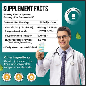 Nature's Nectar Migraine Prevention Feverfew Capsules – PA Free Butterbur Root, Riboflavin 400 mg, Magnesium & Feverfew – Natural Headache Relief & Migraine Supplement – 60 Capsules