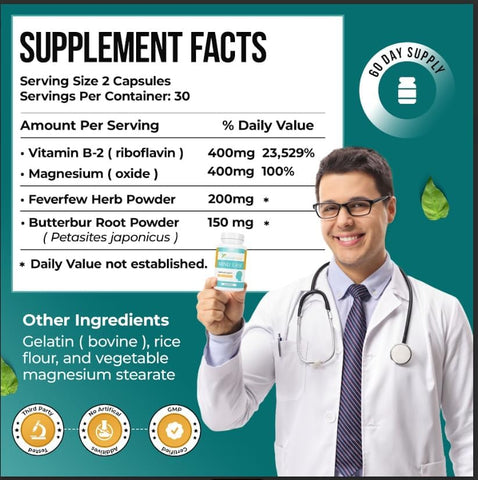 Image of Nature's Nectar Migraine Prevention Feverfew Capsules – PA Free Butterbur Root, Riboflavin 400 mg, Magnesium & Feverfew – Natural Headache Relief & Migraine Supplement – 60 Capsules