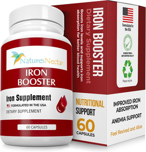 Nature's Nectar Blood Builder Iron Supplement for Men & Women – Slow Release Non-Constipating Iron Capsules with Vitamin B-12, Folic Acid & Vitamin C – Supports Red Blood Cell Production 60 Capsules