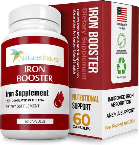 Image of Nature's Nectar Blood Builder Iron Supplement for Men & Women – Slow Release Non-Constipating Iron Capsules with Vitamin B-12, Folic Acid & Vitamin C – Supports Red Blood Cell Production 60 Capsules