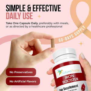 Nature's Nectar Blood Builder Iron Supplement for Men & Women – Slow Release Non-Constipating Iron Capsules with Vitamin B-12, Folic Acid & Vitamin C – Supports Red Blood Cell Production 60 Capsules