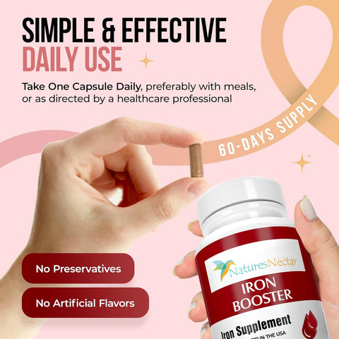 Image of Nature's Nectar Blood Builder Iron Supplement for Men & Women – Slow Release Non-Constipating Iron Capsules with Vitamin B-12, Folic Acid & Vitamin C – Supports Red Blood Cell Production 60 Capsules