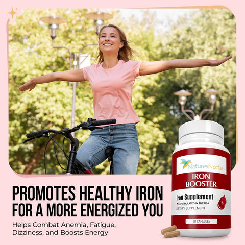 Image of Nature's Nectar Blood Builder Iron Supplement for Men & Women – Slow Release Non-Constipating Iron Capsules with Vitamin B-12, Folic Acid & Vitamin C – Supports Red Blood Cell Production 60 Capsules