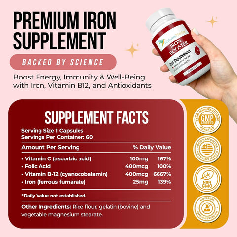 Image of Nature's Nectar Blood Builder Iron Supplement for Men & Women – Slow Release Non-Constipating Iron Capsules with Vitamin B-12, Folic Acid & Vitamin C – Supports Red Blood Cell Production 60 Capsules