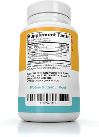 Image of Migraine Relief Supplement - PA Free Butterbur Root, Riboflavin, Magnesium and Feverfew Capsules- Mind Ease's unique blend of Original Migraine Supplement Provides Prevention from Migraines - 60 Count